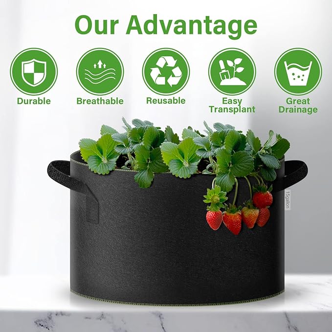 iPower 15-Gallon 5-Pack Grow Bag Thickened Nonwoven Fabric Pots Heavy Duty Aeration Container with Strap Handles for Garden and Planting Vegetable Flowers, Black with Green Stitch Sewing