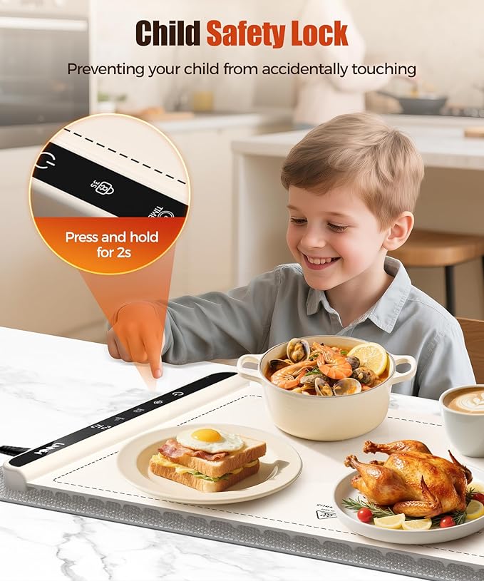 Extra Large Food Warming Mat with Heat-Resistant Pad, 36X15 Inch, 6 Temperature & 6 Timer Settings, Child Lock Safety, Fits More Dishes for Family Dinners and Parties