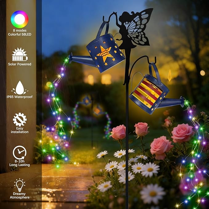 DDQ 2PC Solar Watering Can Lights with Angel Shepherd Hook, Color 58 LED IP65 Waterproof Metal Garden Decor, Auto On/Off for Patio Backyard for 4th of July Decor