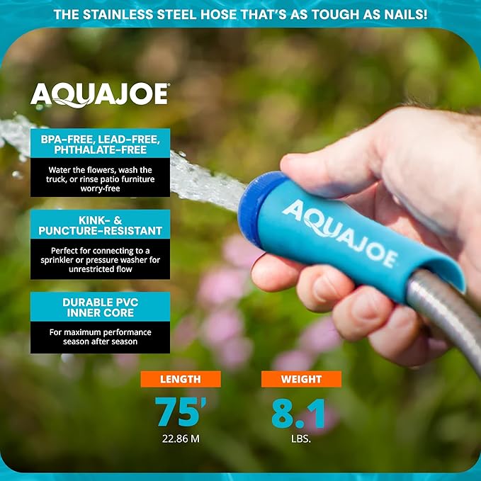 Aqua Joe AJSGH75 1/2-Inch Heavy-Duty, Puncture Proof Kink-Free, Spiral Constructed 304-Stainless Steel Metal, Garden Hose, 75-Foot