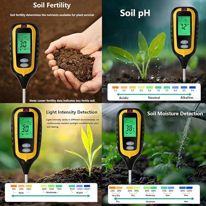 Soil Tester 6-in-1 Digital Soil Moisture Meter Measures Soil Ph, Humidity, Temperature, Light Intensity, Soil Efficiency and Air Humidity with LCD Display, Ideal for Gardening