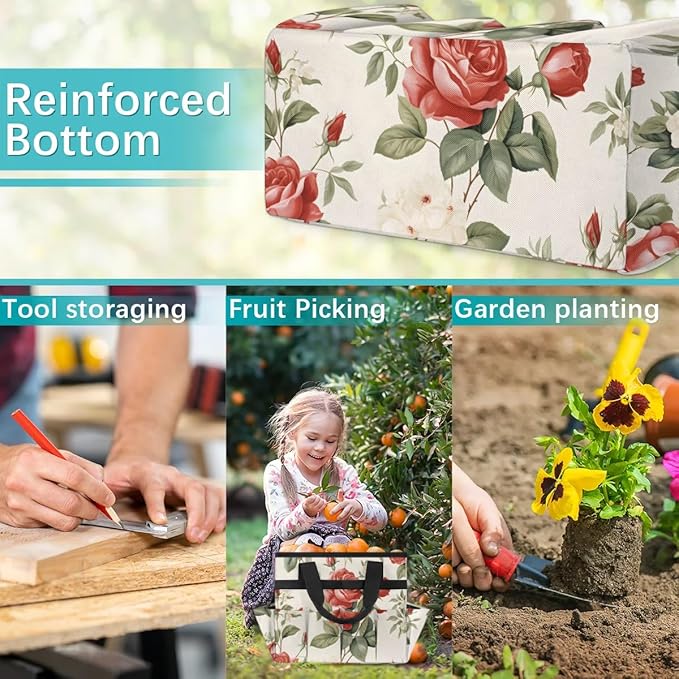 Garden Tool Bag Organizer Garden Tote Bag with Pockets Rose Pattern Tool Storage Organizer Gardening Tool Kit Holder 13" x 6.8" x 2.8"