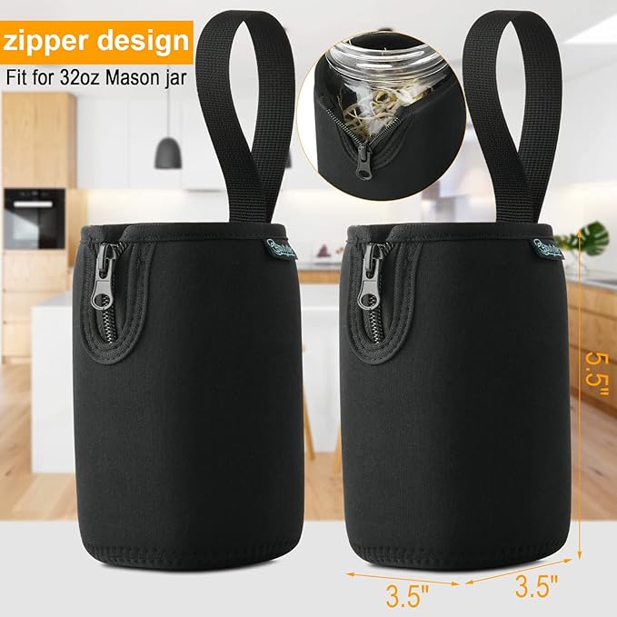 Beautyflier Mason Jars 32oz Wide Mouth Sleeve Regular Mouth Mason Jars Insulators Drinking Glass Coolers Sprouting Jars Blackout Sleeve (Black, 4PCS)