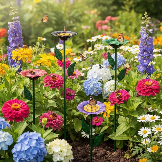dreamysoul 4 Pack Bee Watering Station, Bee Waterer for Honey Bee & Butterfly, Metal Bee Bath with Flower Design for Garden Yard