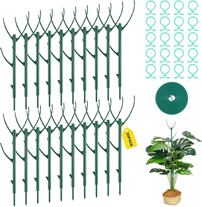 20Pack Monstera Plant Support Stakes, Stackable Plant Support Stakes in Bulk, with 20 Twist Clips & 16.4FT Plant Ties, Plant Stakes for Outdoor Indoor Potted Plants Reusable Climbing Plant Support