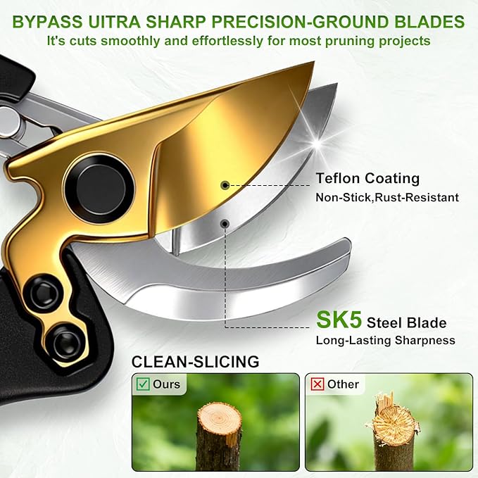 Pruning Shears Heavy Duty, SK5 Steel Bypass Hand Pruners with Teflon Coated Blade, Gardening Scissors for Trees, Shrubs, Roses & Plants, Ergonomic Non-Slip Grip, Clean Precision Cutting