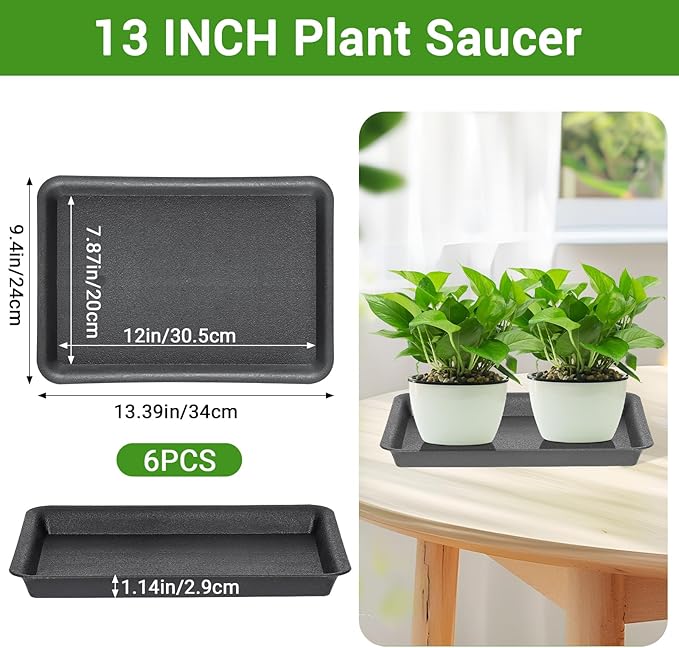GREANER Black 13 Inch Plant Saucer, Heavy Duty Rectangular Plant Tray, Plastic Pebble Tray for Plant Humidity, Pot Saucers for Indoor Outdoor Use(Black)