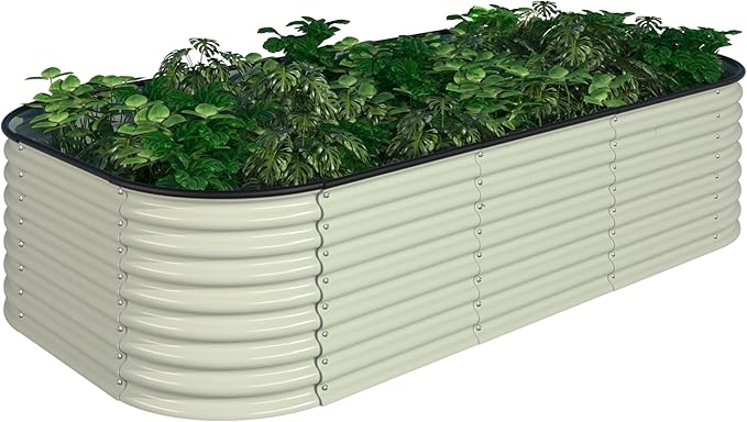BlueWish 8x2x2FT Raised Garden Bed, 23.1" H Raised Garden Beds with 2 Aluminum Support Rods, Galvanized Steel, Rubber Strips, 9-in-1 Planter Raised Beds for Vegetable, Flower, Herbs, Beige