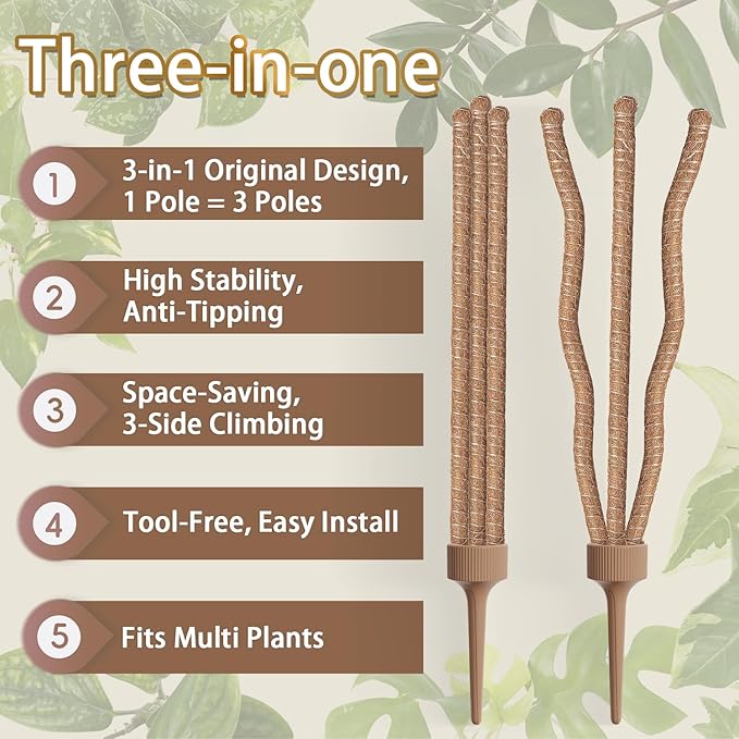 3 Moss Poles in 1, Bendable Monstera Plant Support, 30IN Tall Plant Stakes for Indoor Plants, Coir Pole Plant Support for Climbing Plants, Pothos, Philodendron-2 Pack