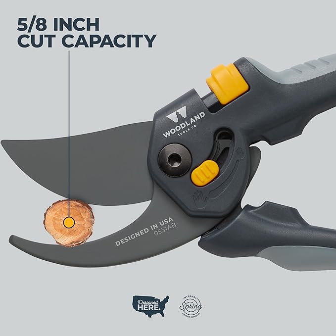 Woodland Tools Co. Heavy Duty Bypass Pruning Shears – 5/8" Cut Capacity, High Carbon Steel Blade, Internal Spring, Adjustable Grip Slider, Garden Hand Pruner for Plants, Shrubs, and Live Stems