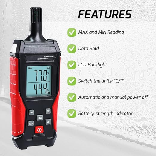 Humidity and Temperature Meter Digital Temperature&Humidity Meter, High Precision Psychrometer with 0-100% Relative Humidity, -4°F-140°F Ambient Temperature, Large LCD Backlight, Hold Max Min Display