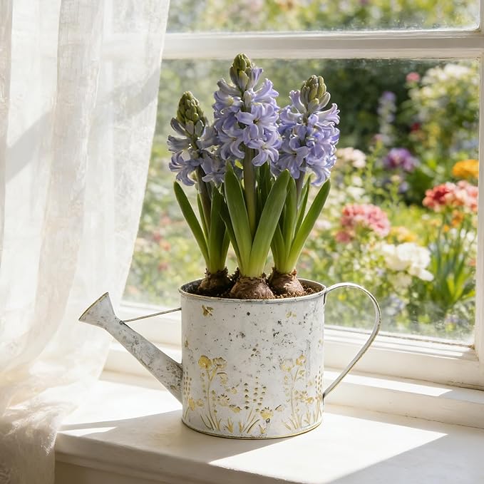Vintage Metal Watering Can with Floral Embossed Design Garden Distressed White Decorative Watering Pot Planter Rustic Farmhouse Waterer for Home Indoor Outdoor Garden Balcony Courtyard (White#2)