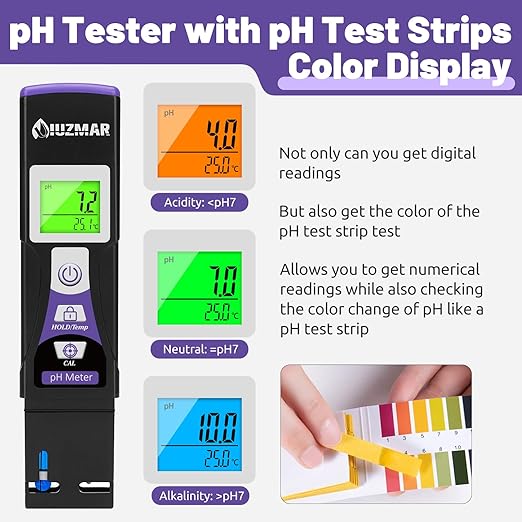 UIUZMAR Water pH Meter Digital pH Tester with pH Test Strips Color Display for Aquarium, Hydroponics, Home Brew, Measure pH Value of Swimming Pool, Drinking Water, Pond, Spa, Hot Tub, Kombucha