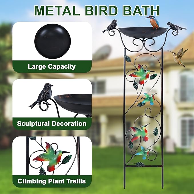 hogardeck 35” Metal Bird Bath with Garden Trellis for Climbing Plants Outdoor, Vintage Detachable Decorative Birdbath Bowl, Metal Plant Support for Climbing Flowers