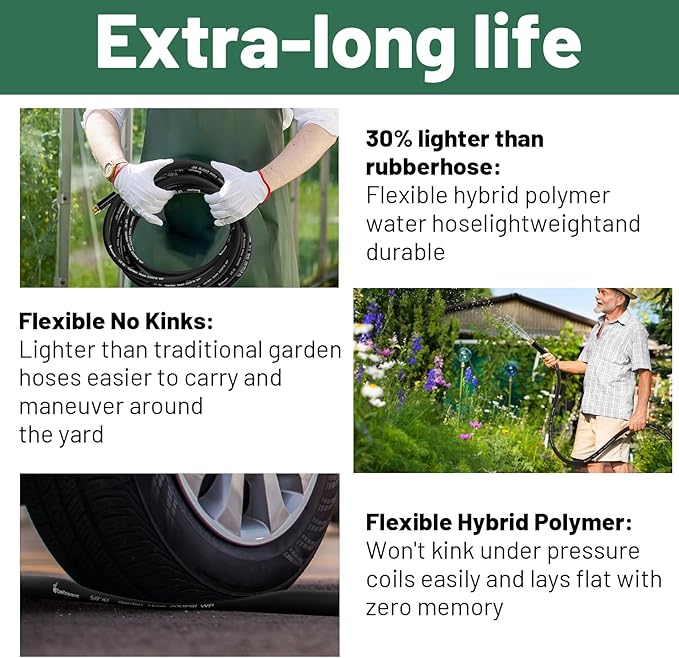 200 ft Garden Hose, 5/8 in Heavy Duty Water Hose, Flexible and Durable, Lightweight Rubber Hybrid Hose, Leak-Free Connections, Male to Female 3/4'' Brass Fittings for Patio, Lawn, Black