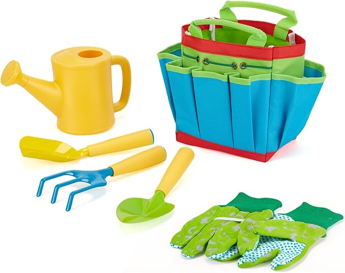 FITNATE Green Kids Garden Tools Set,6 PCS Garden Tools Including Watering Can, Shovel, Rake, Fork, Children Gardening Gloves and Garden Tote Bag, All in One Set