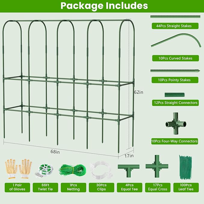 62in Tall Cucumber Trellis for Raised Bed, 68" L x 62" H Metal Garden Trellis for Climbing Plants Outdoor, U-Shape Vegetables Trellis Support for Squash Zucchini Peas Grape