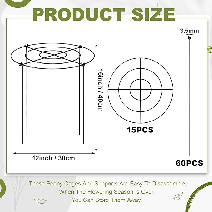 Geelin 15 Pack 12 x16 Inch Peony Cages and Supports Grow Through Metal Plant Supports Frame Rings Hoops for Outdoor Plants Peony Flowers Tomato Rose(Black)
