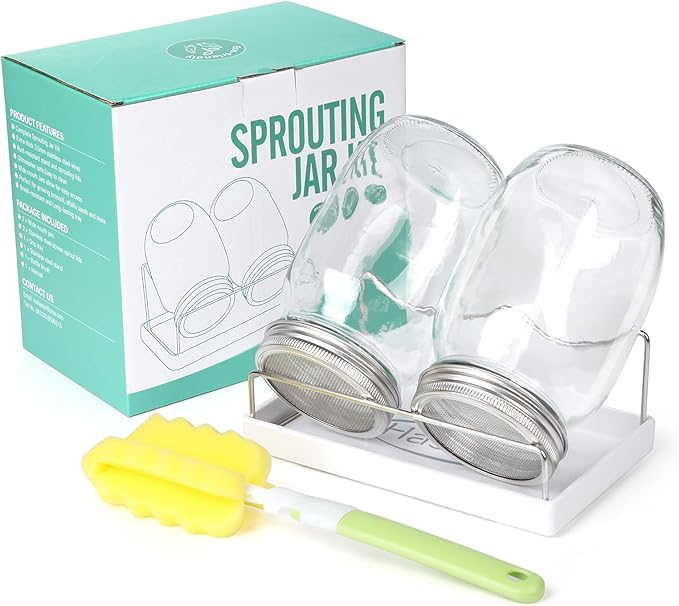 Seed Sprouting Jar Kit | 2 Wide Mouth Mason Jars & Stainless Steel Screen Lids,Tray,Stand and Canning Brush | Sprouter Set to Grow Broccoli, Alfalfa,Organic Microgreens Sprouts & Mung Bean (White)