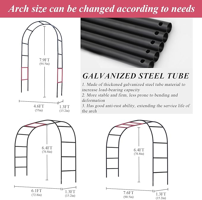 Thickened 0.7mm Tube Garden Arch Trellis - 4.6ft Wide x 7.9ft High or 7.6ft Wide x 6.4ft High - Garden Trellis for Climbing Plants - Stable Garden Arbor, Birthday Party Wedding Arch Decoration