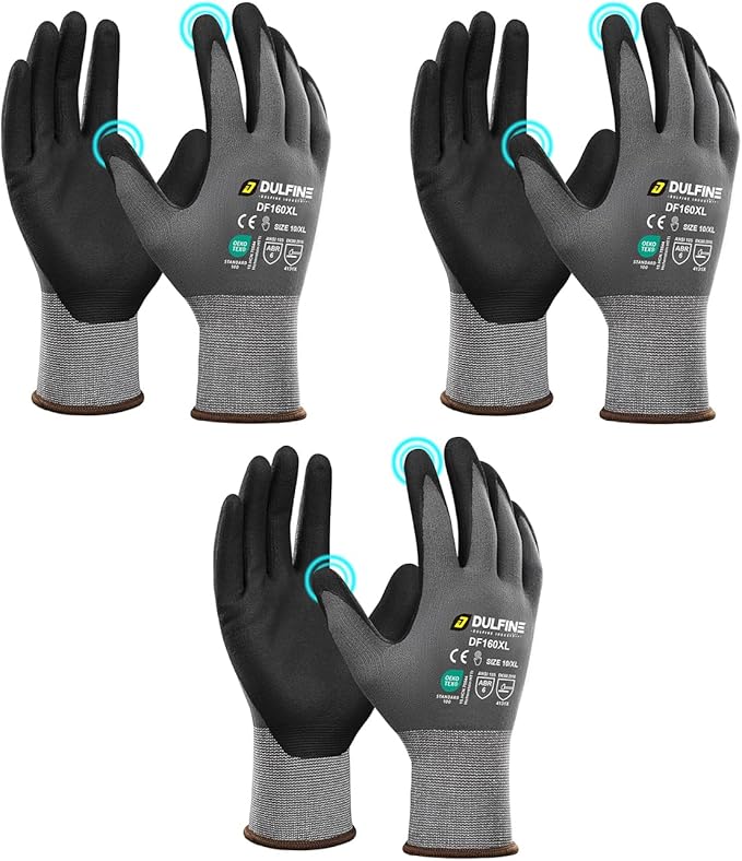DULFINE Safety Work Gloves MicroFoam Nitrile Coated-3 Pairs Pack,Seamless Knit Nylon Glove with Black Micro-Foam Nitrile Grip,Ideal for General Purpose,Automotive,Home Improvement,Painting(Large)