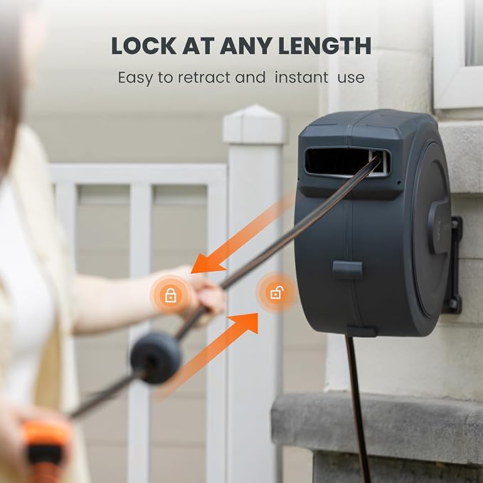 Giraffe Tools PRO Heavy Duty Retractable Garden Hose Reel - 78ft 1/2 Inch Auto Rewind with Any-Length Lock, Wall Mounted Metal Bracket, Commercial Grade for Patio & Lawn (Dark Grey)