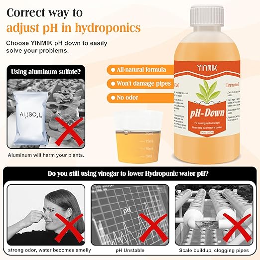YINMIK General Hydroponics pH Down Liquid, pH Control Liquid Decreases pH Levels, 250ml Premium Buffering for pH Stability,Suitable for All Hydroponics Feeding Systems, Both for Soil and Water