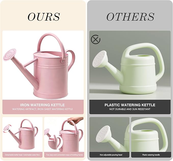 Metal Watering Can for Outdoor and Indoor Plants, Watering Can Decor, 1 Gallon（Pink）