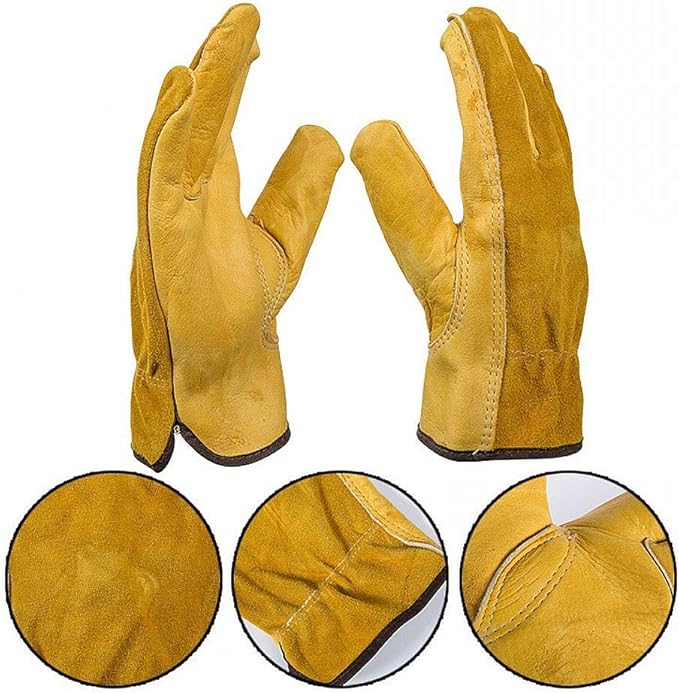 JZK Heavy duty Extra Large thorn proof gardening gloves for men, Yellow leather work gloves, full finger garden gloves, XL