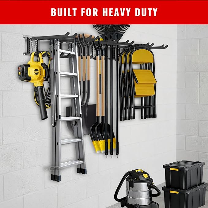 Garage Tool Organizer Wall Mount, Easy to 48inch Install Heavy-Duty Garage Storage System with Adjustable 9 Hooks, Garden Tool Rack for Shovels, Rakes, Yard Tools