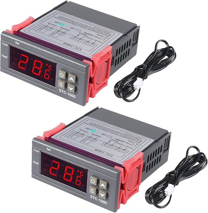 2pcs STC-1000 DC 24V 10A Digital LED Temperature Controller Cooling Heating Centigrade Thermostat Sensor 2 Relay Output with NTC 10K Thermistor Sensors Temperature Probe