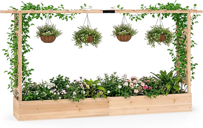 HAPPYGRILL Raised Garden Bed with Trellis, Freestanding 45" Wood Planter Box w/Hanging Roof & 8 Drainage Holes for Vine Climbing Plants Flowers, Outdoor Wood Elevated Garden Bed for Patio Yard