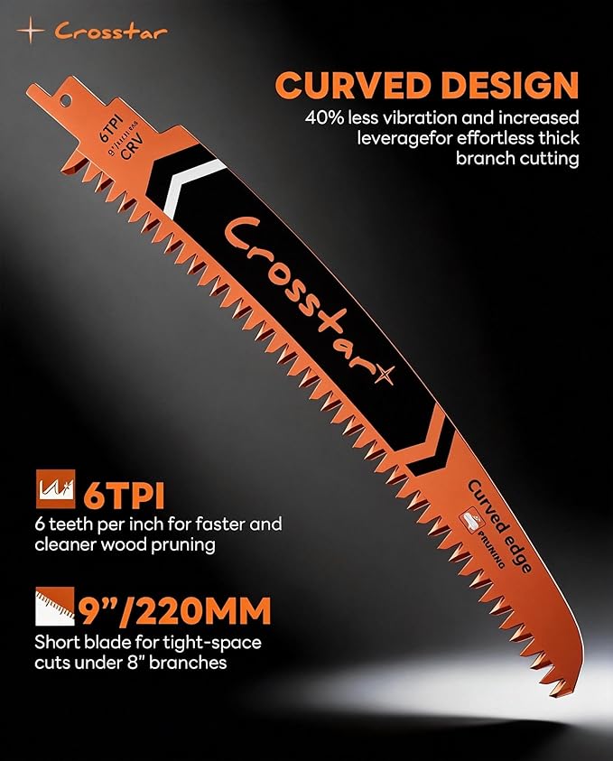 Crosstar 9 Inch Japanese Teeth Arc Edge Reciprocating Saw Blades - 6TPI Wood Pruning Blades for Tree Trimming, Branch Cutting, 3-Pack