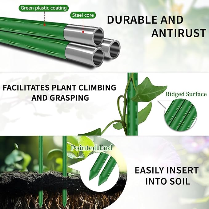 Sturdy Garden Stakes 18 Inch SupKing DIY 3/4/5/6/7ft Tomato Support Stake Green Plastic Coated Metal Tall Plant Stick Poles Plants Trellis for Indoor Outdoor Climbing Cucumber Chili Eggplant