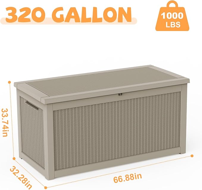 320 Gallon Outdoor Storage Deck Box Waterproof Resin Lockable Outside Bench Porch Patio Furniture Pool Float Garden Tool Cushion UV Resistant Bin Beige