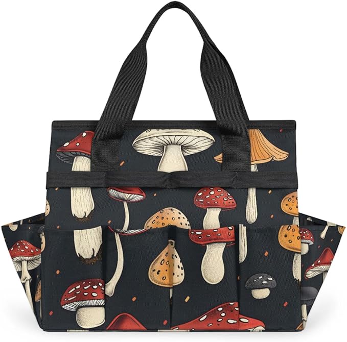 Garden Tool Bag Organizer Garden Tote Bag with Pockets Black Mushroom Tool Storage Organizer Gardening Tool Kit Holder 13" x 6.8" x 2.8"