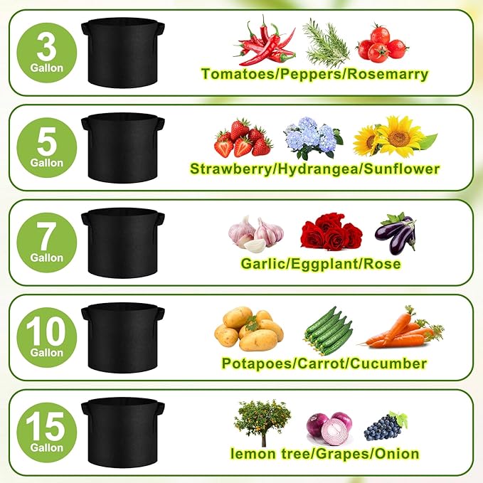 20 Pack Mixed Size Grow Bags, Heavy Duty Thickened Fabric Pots Nonwoven Plant Bags with Handles, Breathable Plant Growing Containers Bags for Nursery Garden Fruit Vegetable Flower(3/5/7/10/15 Gal )