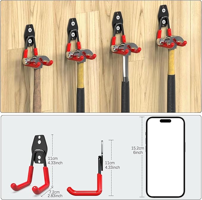 3-H Garage Wall Hooks Heavy Duty 8 Pack, Anti-Slip Steel Wall Mount Storage Hooks for Hanging Ladder Garden Yard Tools, Utility Organizer for Garage Lawn Shed(Red)