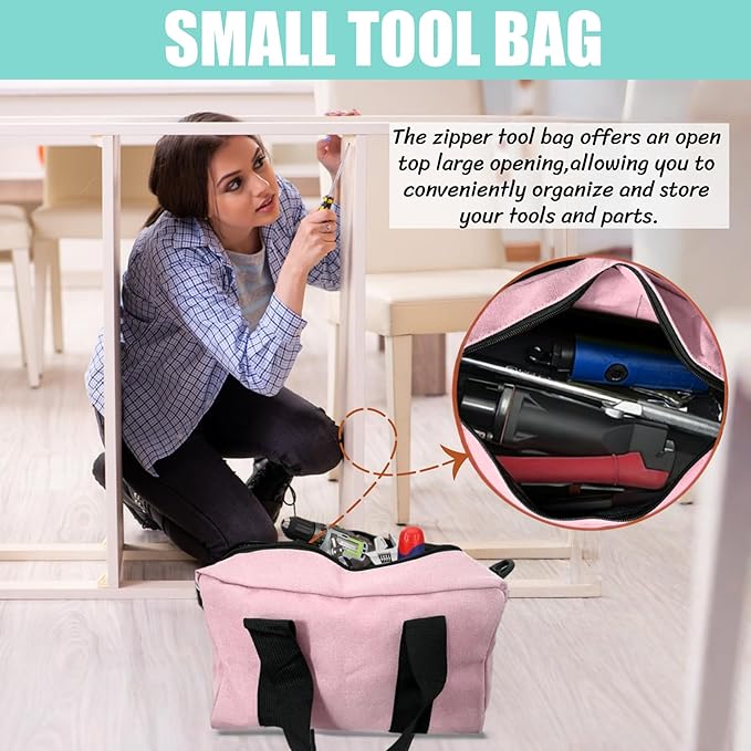 BLIRITEL 14 Inch Wide Mouth Tool Bag, Heavy Duty Canvas Tool Storage Bag, Large Capacity Handbag, Multi-function Tool Organizer Tote Bag for Storage Wrenches Pliers (Pink, 14 Inch)