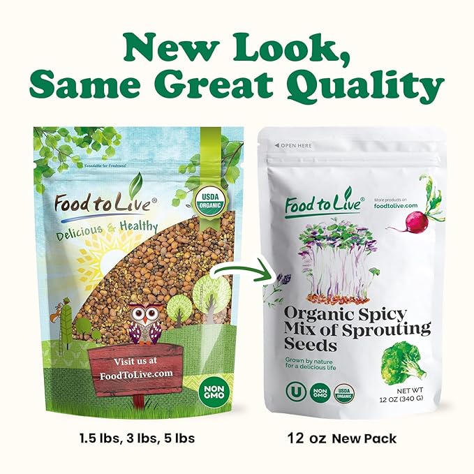 Food to Live Organic Spicy Mix of Sprouting Seeds, 5 Pounds — Non-GMO Broccoli, Radish, Alfalfa, Raw, Rich Germination Rate, Non-Irradiated, Pure, Kosher, Vegan Superfood, Bulk, Rich in Sulforaphane