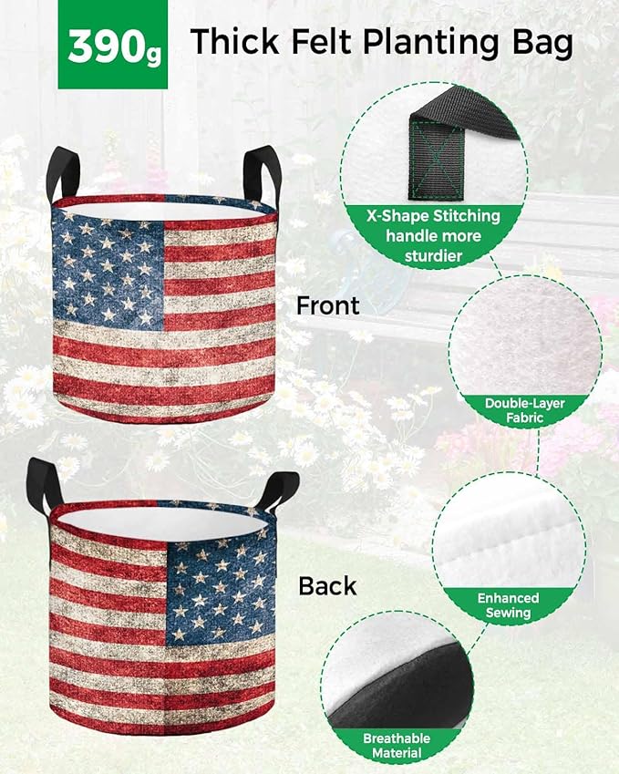 5 Gallon Grow Bags Planter Bag, Independence Day Vintage USA Flag Red Stripe Fabric Plant Pots with Handle,Flower Grow Bag for Vegetable Potato Tomato, Patriotic Star on Blue Gardening Bags