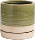 HERDUK 6 Inch Plant Pots, Ceramic Planter Pot with Drainage Hole & Saucer, Indoor/Outdoor Cylinder Round Planter Pot, Green & Beige