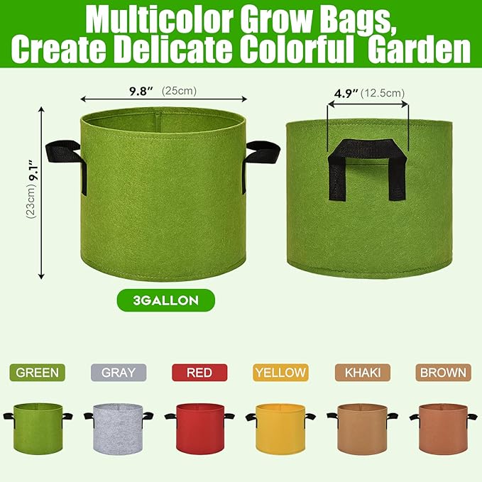 6-Pack Fabric Grow Bags 3 Gallon – Colorful 300G Thickened Nonwoven Planter Pots with Sturdy Handles, Breathable Garden Bags for Vegetables, Potato, Flowers