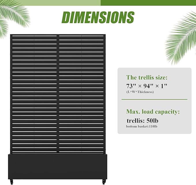 Casaphoria Metal Raised Garden Bed with Trellis and Wheels, 72"x47"x16" Planter Box for Climbing Plants, Vegetables & Vines, Features Drainage Holes and Privacy Screen (Black-Louvered)