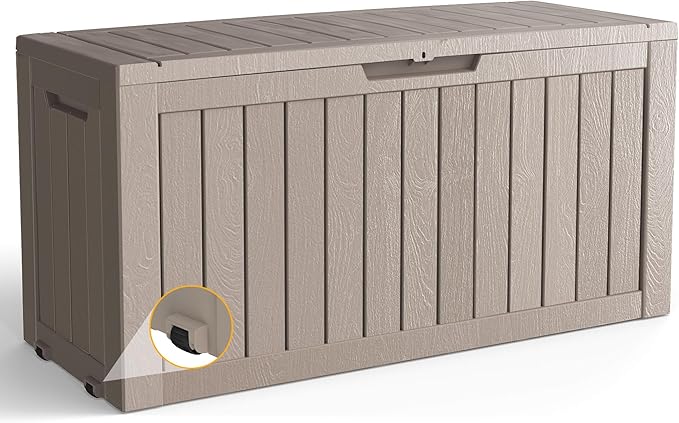Outdoor Storage Box Waterproof with Wheels, 76 Gallon Lockable Resin Deck Box Patio Storage Bin for Pool Accessories Cushion Furniture, Garden Tools, UV-Resistant Outside Delivery Grey