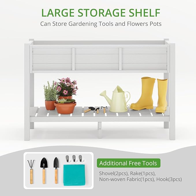 LUE BONA Raised Garden Bed with Tools, 45*18*29 in, Poly Elevated Planter Box with Legs And Storage Shelf, Weather Resistant, 3-Year Warranty, Standing Growing Bed Herb Planter for Vegetable, White