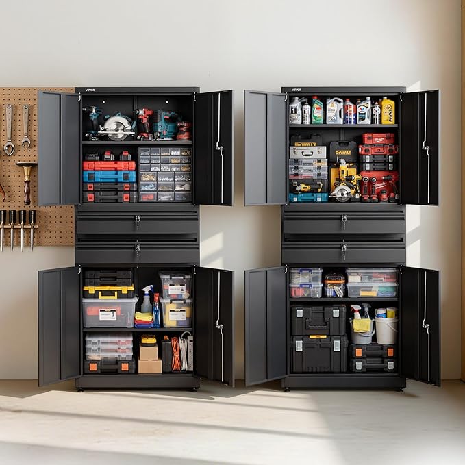 VEVOR Metal Storage Cabinet, 180 lbs Shelf Load Capacity, 70.87" Tall Garage Tool Storage Cabinet with 4 Locking Doors and Adjustable Shelves, 2 Drawers, for Garage, Home, Office, Utility Room, Black