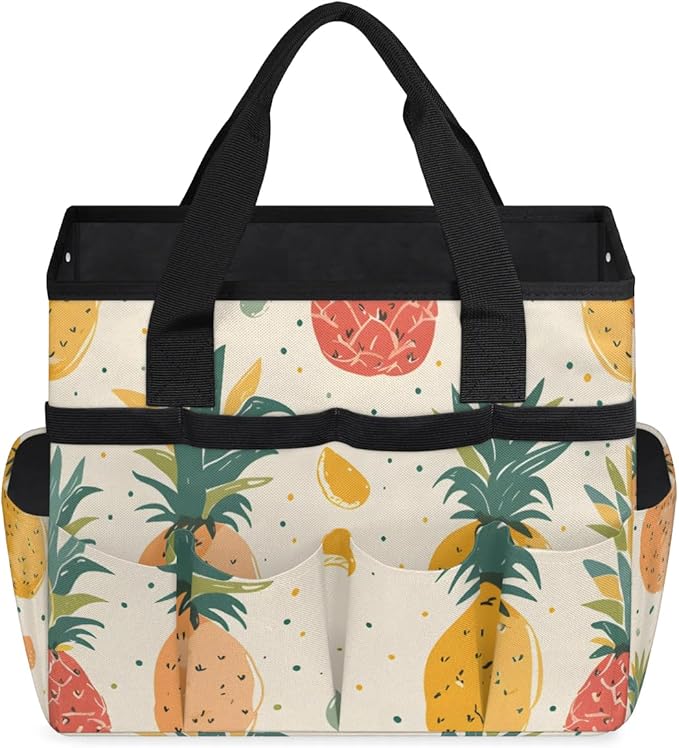 Garden Tool Bag Organizer Garden Tote Bag with Pockets Watercolor Fruit Pineapple Tool Storage Organizer Gardening Tool Kit Holder 13" x 6.8" x 2.8"