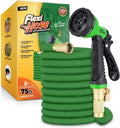Flexi Hose with 8 Function Nozzle, 75FT - Lightweight Expandable Garden Hose, No-Kink Flexibility, 3/4 Inch Solid Brass Fittings and Double Latex Core - Green