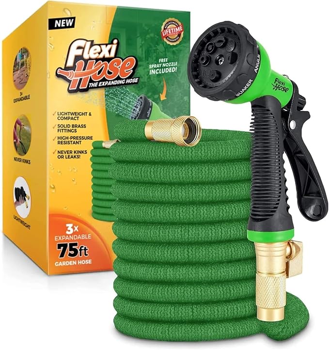 Flexi Hose with 8 Function Nozzle, 25FT - Lightweight Expandable Garden Hose, No-Kink Flexibility, 3/4 Inch Solid Brass Fittings and Double Latex Core - Green
